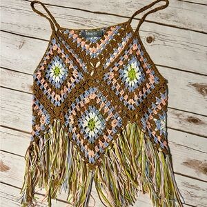 Halsey Crochet Fringe Top NWOT